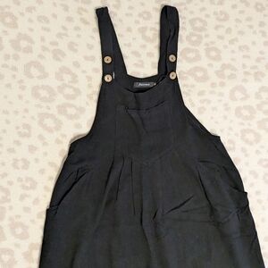 Wide Leg Lightweight Natural Fiber Black Buttoned Overalls Flowy Rayon Linen Med